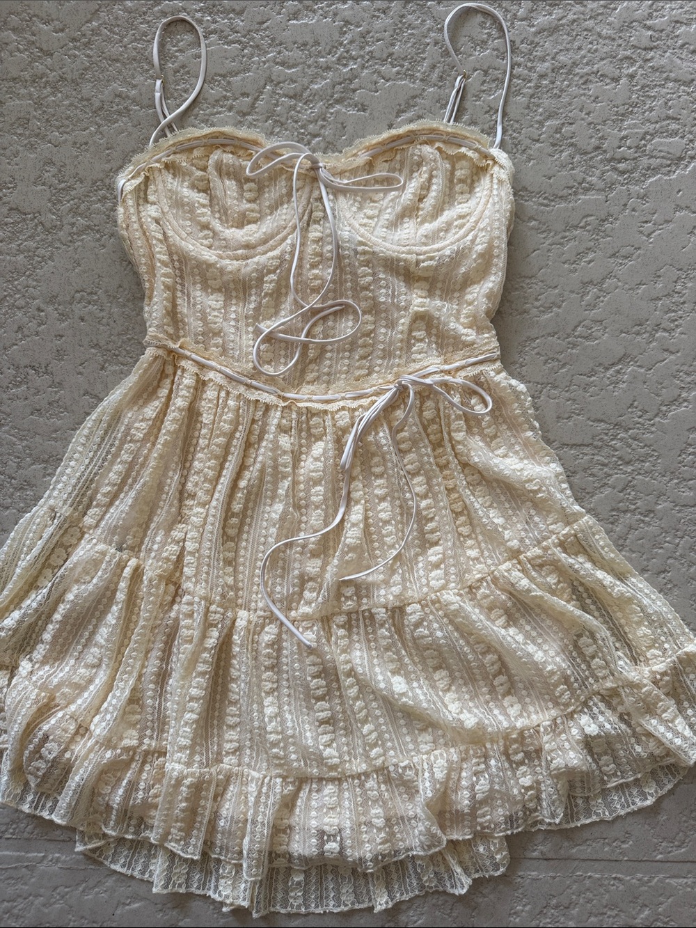 Cotton Candy Cream Lace Ruffled Spaghetti-Strap Mini Dress